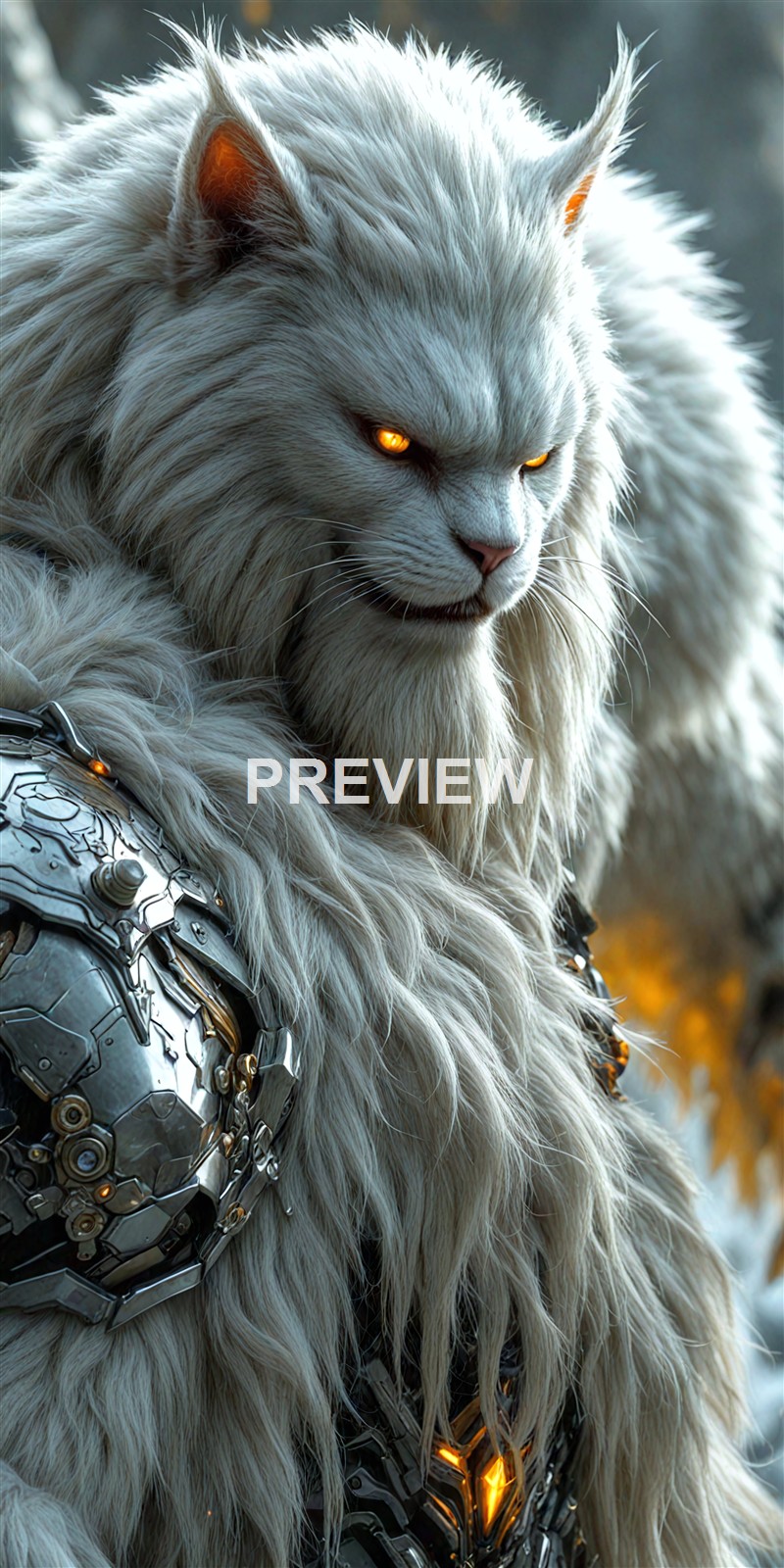 A majestic white feline with glowing amber eyes and long, flowing fur, adorned with futuristic metallic armor on its shoulder and chest, set against a natural outdoor background with blurred foliage.